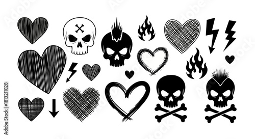 Edgy Hand Drawn Graphics Skulls Hearts Flames Lightning Bolts Vector Art