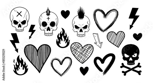 Edgy Skulls Hearts Flames and Lightning Bolts Hand Drawn Vector Icons Set