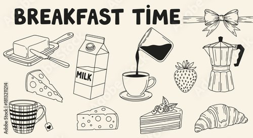 Wholesome Morning Meal Assortment A delightful collection of fresh breakfast items including coffee tea dairy cheese fruit and pastries perfect for culinary and lifestyle content