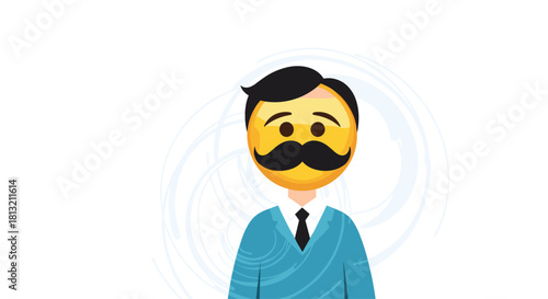 A fun character illustration of a man with a mustache wearing a suit and tie with a large yellow emoji for a head.