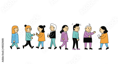 A diverse group of people walking in a line while distracted by their smartphones representing modern digital addiction.