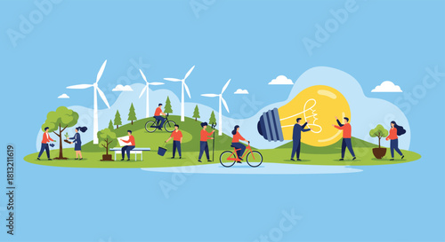 A panoramic illustration of people in a green park with wind turbines promoting sustainability and renewable energy ideas.