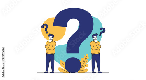 A modern flat illustration of two thoughtful men standing on either side of a giant question mark contemplating a problem.