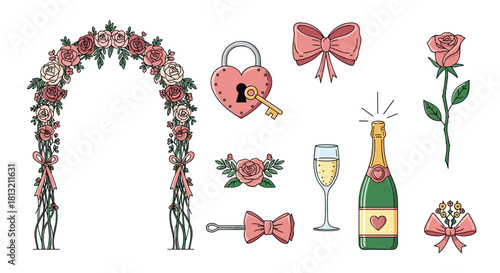 An elegant collection of pink-themed wedding and romance icons including a floral arch champagne and a heart-shaped lock.