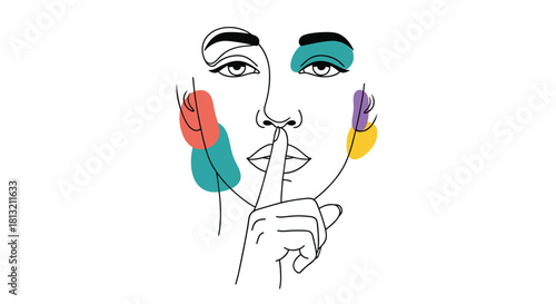 An abstract continuous line art portrait of a woman's face with a finger on her lips asking for silence or secrecy.