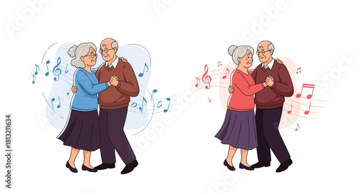 Two illustrations of a sweet elderly couple dancing together surrounded by flowing musical notes on a light background.