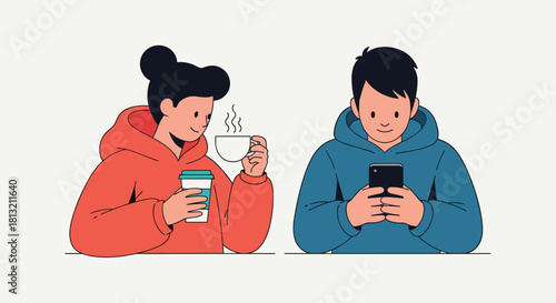 A modern cartoon illustration of a young man using a smartphone and a young woman drinking coffee both wearing hoodies.