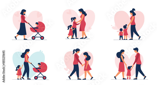 A beautiful set of family illustrations with mothers daughters and babies depicting love and connection in various scenes.