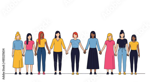 A diverse group of women from different ethnic backgrounds standing together and holding hands to show female solidarity.