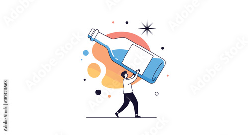 A modern flat illustration of a young man carrying a giant bottle of water to promote the importance of daily hydration.
