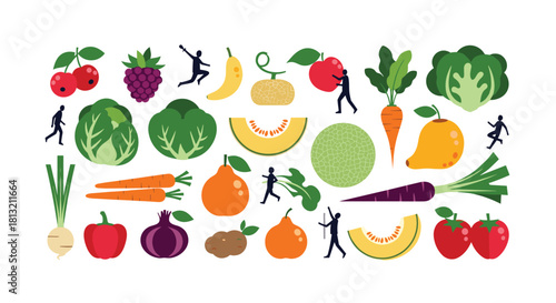 A large set of fresh healthy fruits and vegetables with tiny active people silhouettes promoting nutrition and wellness.