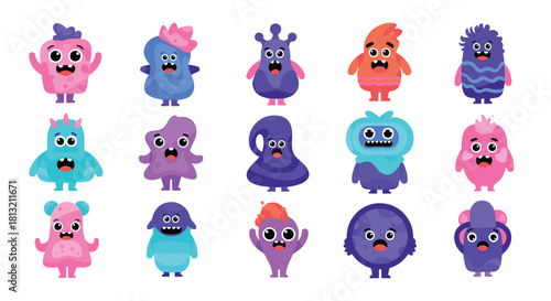 A fun and vibrant collection of fifteen cute and colorful cartoon monsters with unique and friendly character designs.