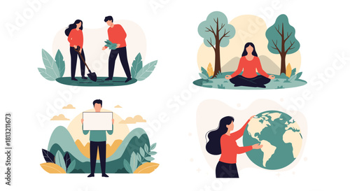 A set of four illustrations depicting people engaging in eco-friendly activities like planting trees and caring for Earth.