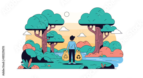 An illustration of a person collecting recyclable trash in a beautiful forest landscape to help protect the environment.