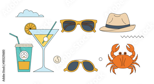 A simple line art collection of essential summer beach accessories including sunglasses a cocktail a hat and a red crab.