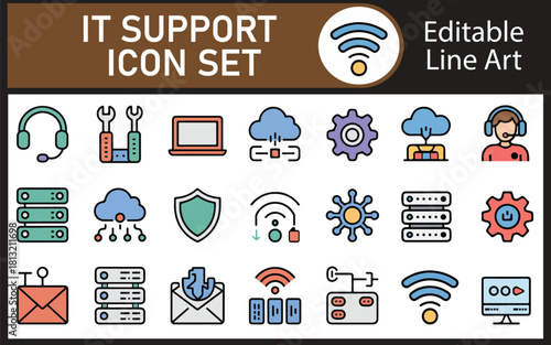 "IT Support Icon Set – Technical Support, Helpdesk, Computer Repair, Network Assistance Icons"