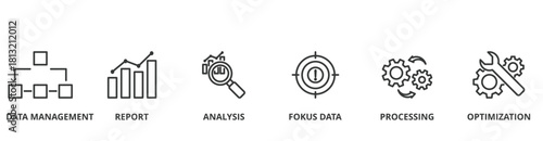 Data analysis banner vector illustration concept with icon of data management, report, analysis, focus data, processing and optimization