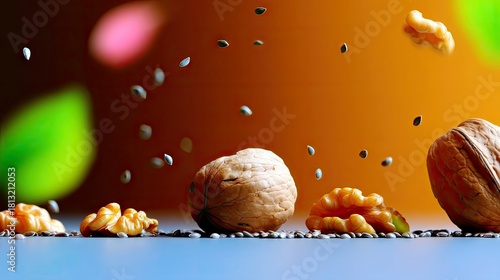 A dynamic arrangement of whole and cracked walnuts scattered with small seeds, creating a sense of movement and freshness.
