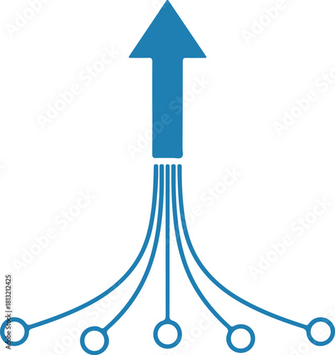 Consolidation concept vector graphic showing multiple inputs merging into single upward-pointing arrow representing unified goal achievement and synthesis