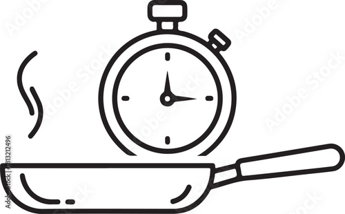 Cooking time stopwatch icon showing a frying pan with rising steam representing fast preparation or efficient meal delivery service