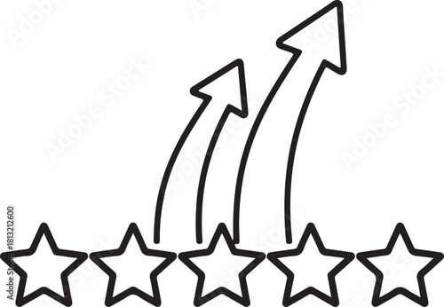 Five stars with upward moving arrows indicating increasing high rating improved performance or premium customer service excellence