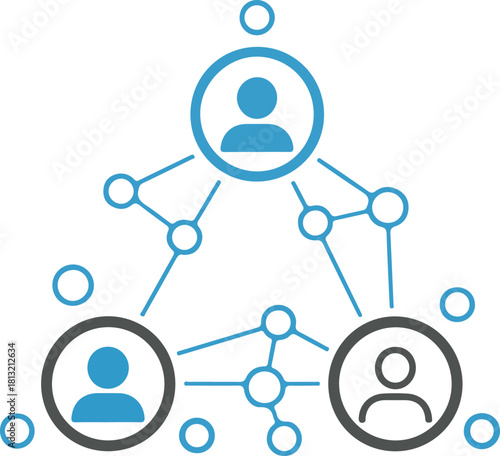 Social network connection concept depicting three interconnected users forming triangular structure demonstrating collaboration communication and teamwork