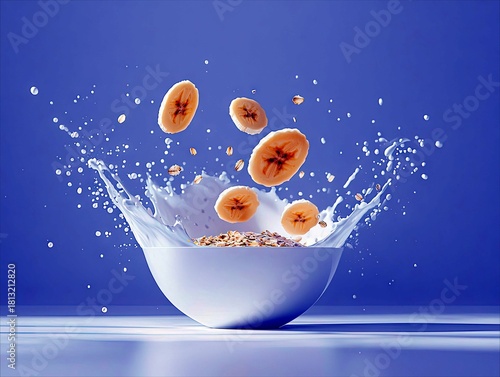 A dynamic shot captures banana slices and cereal dramatically splashing into a bowl of milk, creating a refreshing and energetic breakfast scene.