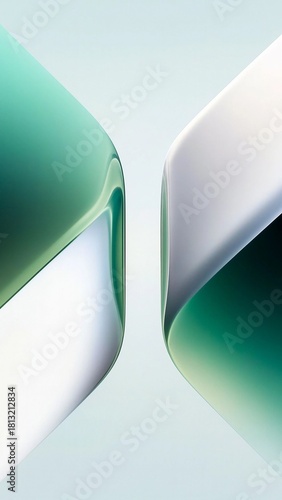 White and Green Glossy Glass Abstract Curves — Minimal Futuristic Background