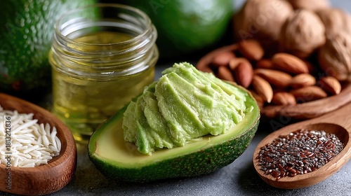 A close-up shot of healthy food ingredients including avocado, nuts, seeds, rice, and oil.