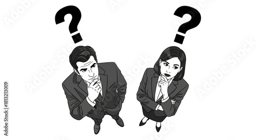 thoughtful business people overhead view with question marks symbolizing strategic thinking problem solving and corporate challenges ahead.