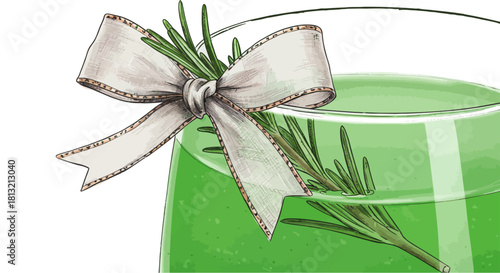 vibrant green drink illustration garnished with rosemary and white ribbon perfect for festive holiday cocktail recipes.