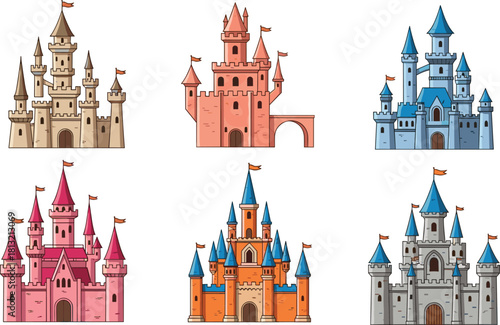 Fantasy castles, medieval architecture, colorful towers, fairy tale buildings, magical design, cartoon style, storytelling icons, castle grid, whimsical art, illustration set