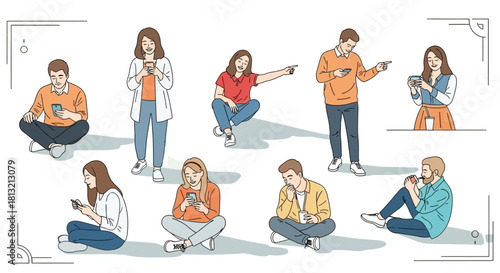 young adults using smartphones highlighting digital communication and social media habits in diverse casual interactions.