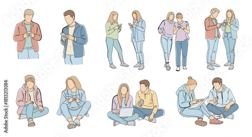 young people using smartphones and laptops illustrating modern digital connection social media and casual tech lifestyle.