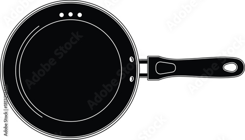 Black silhouette vector illustration of a kitchen frying pan with handle representing cooking food and chef cookware equipment. (18 words)