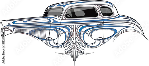 Classic car illustration with blue decorative swirls