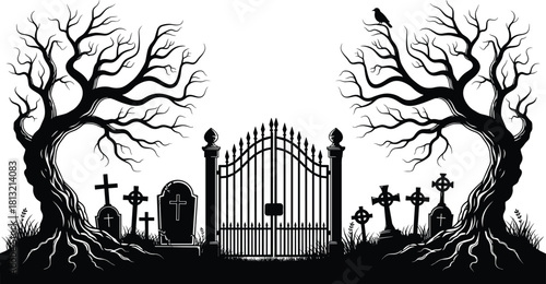 Black silhouette vector illustration of a spooky cemetery gate with dead trees and tombstones for Halloween horror design. (18 words)