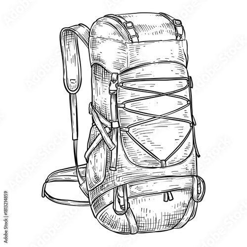 hiking backpack vector line art hand drawn illustration