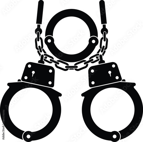 Black silhouette vector illustration of police handcuffs with chains representing crime arrest prison and law enforcement justice system. (19 words)