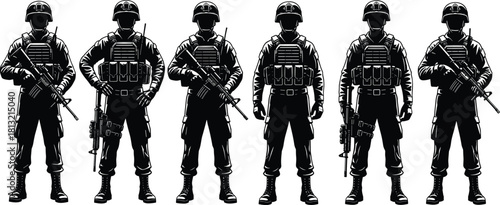 Black silhouette vector illustration of soldiers in combat gear standing in line representing military army war and special forces defense. (20 words)
