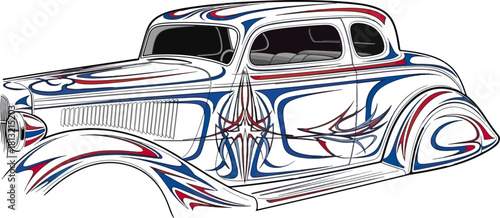 Classic car illustration with detailed custom paint job isolated on black background
