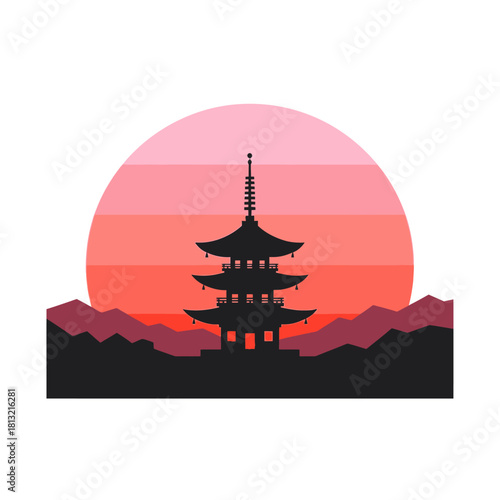 Stunning Japanese pagoda silhouette at sunset with majestic mountains, ideal for zen lifestyle brands and travel promotions looking for cultural elegance