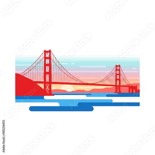 Stunning flat vector art of the Golden Gate Bridge at sunset, perfect for travel blogs, city guides, and vibrant marketing campaigns showcasing San Francisco