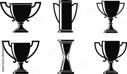 Collection of Black Trophy Cup Silhouette Icons for Sports Championship and Winner Awards.