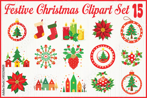 Festive christmas clipart set with candles trees and ornaments