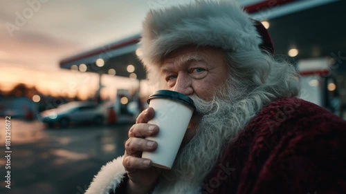Close-up of Santa Claus Taking Fast Coffee Break at Gas Station During Golden Hour Sunset
