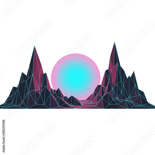 Stunning geometric landscape with vibrant glowing sun, perfect for modern tech designs and futuristic projects needing a bold, eye-catching retro vibe