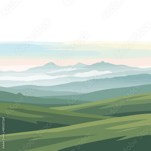 Stunning mountain landscape with serene misty hills, perfect for travel brochures, nature blogs, and creating a calming, peaceful atmosphere in design