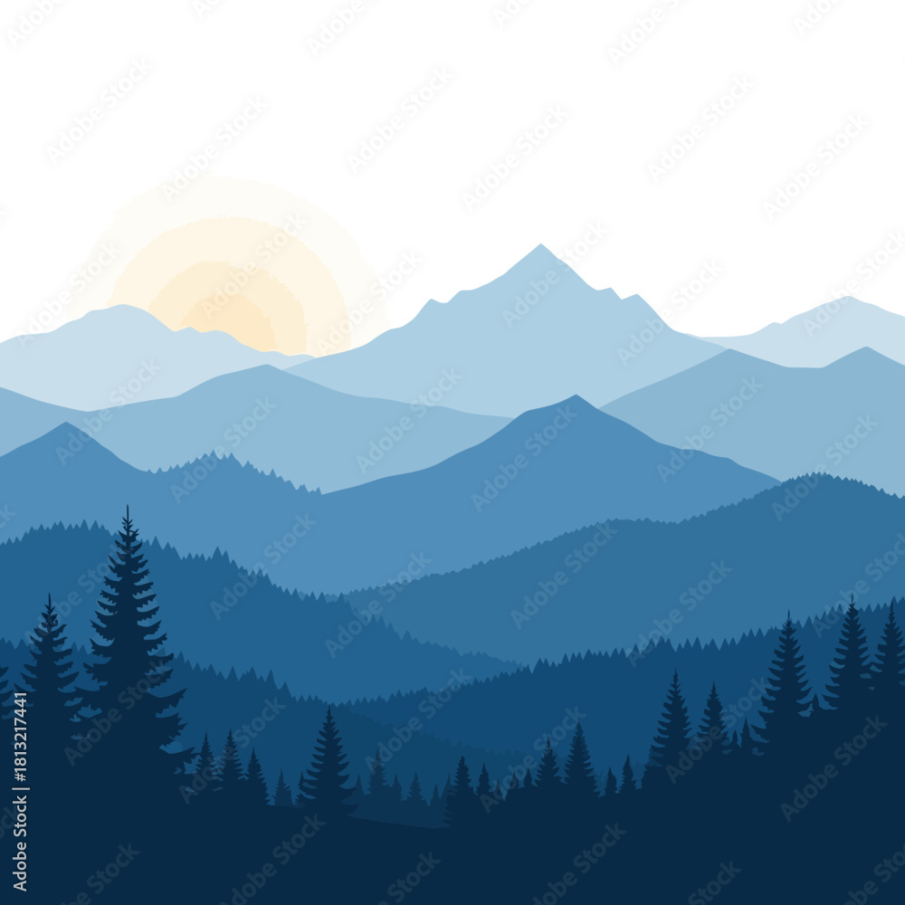 Fototapeta premium Stunning blue mountain range with forest and sunrise creates a peaceful, serene landscape perfect for backgrounds, travel, and nature themes