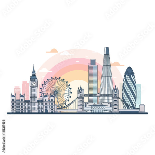 Explore the iconic London skyline with this minimalist illustration perfect for travel, tourism and global business ventures, featuring famous landmarks